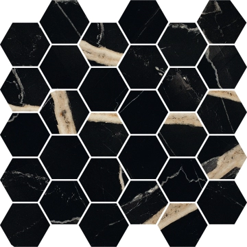 Sound Of Marbles Mosaico Esagoni M47MS1L - Nero Fondo, Levigato, 30x30cm, 9.00mm, Rectified